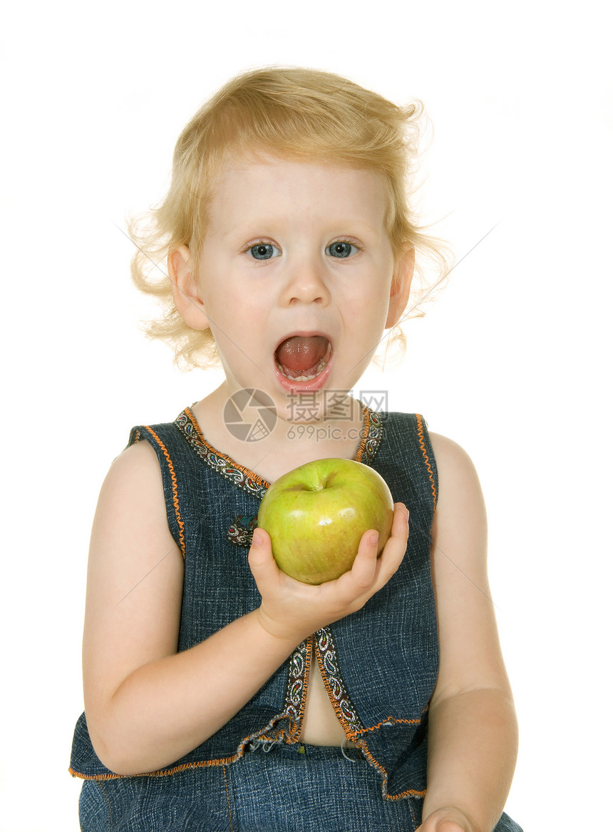 带苹果的小女孩婴儿裙子快乐金发白色磁带女性孩子女孩们图片