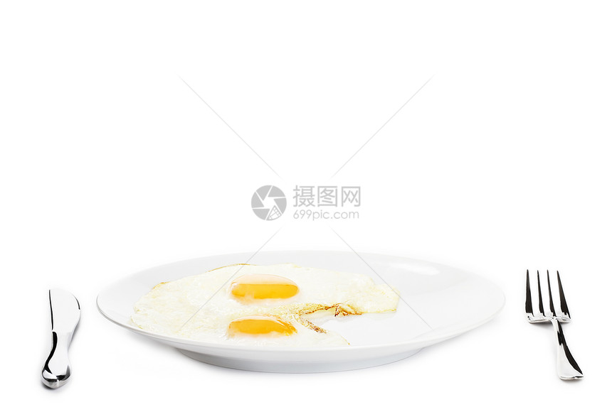 盘子上炒鸡蛋白色食物刀具黄色早餐蛋黄棕色陶器图片