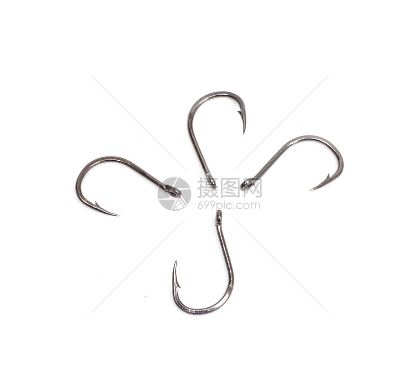 白底鱼钩被隔离在白色背景上码头陷阱水平海洋渔夫海岸齿轮金属诱饵爱好图片