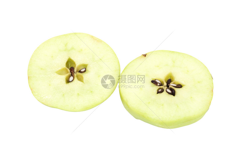 将新绿苹果切成切片 孤立于白色背景水滴水果营养卫生保健饮食生物宏观食物小吃图片