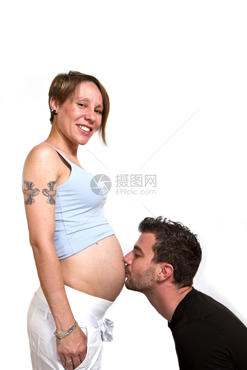 幸福的怀孕夫妇男人女士手势婴儿回声男朋友男生微笑女孩拥抱图片