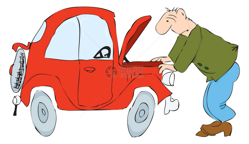 汽车修理绘画困惑司机红色车祸插图维修男人倾斜引擎图片