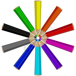 铅笔圆环安排圆圈团体木头乐器解决方案白色学校彩虹创造力插图背景图片