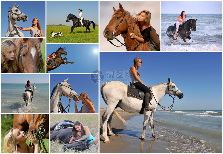 骑马女童动物金发场地幸福蓝色运动草地海滩饲养女孩图片