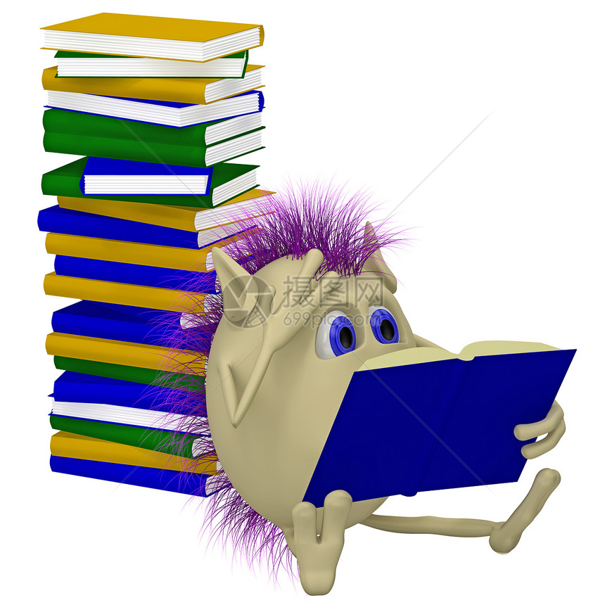 3D木偶坐在一堆书前手指微笑心理学休息学校图书男人学生头发蓝色图片