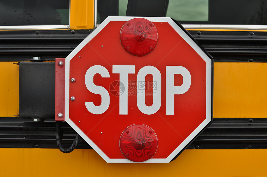 校车停止标志公共汽车红色橙子黄色座位车辆闪光轮胎教育警告图片