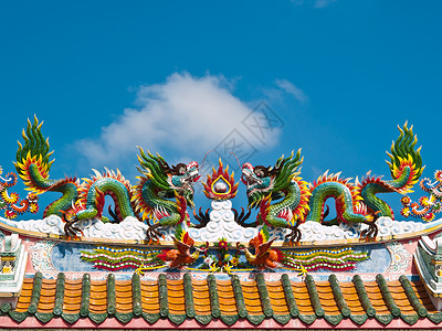 异齿龙寺庙屋顶上的龙雕像雕塑神话信仰建筑学艺术木材雕刻力量传统装饰品背景