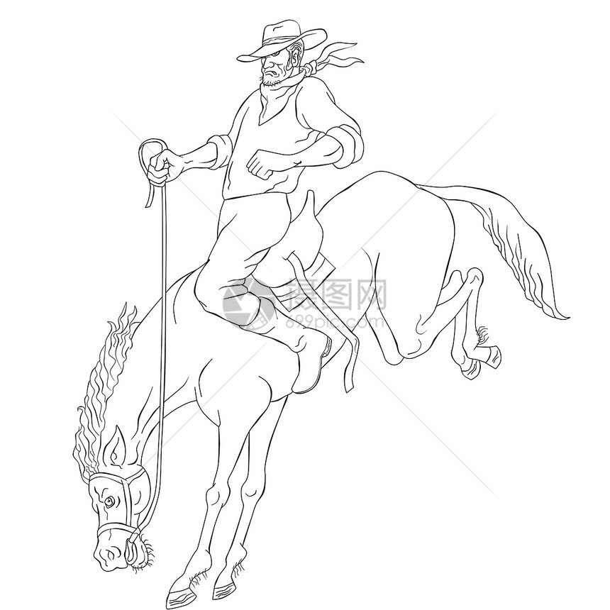 牛仔竞技表演骑马野马动物男性骑士插图黑与白男人卡通片牛仔骑术图片