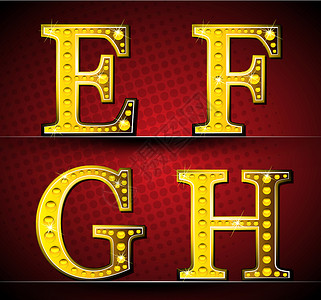 金色方框标题使用金色 LED 灯光设置信件水晶星星派对扑克俱乐部展示夜生活奢华字母聚光灯插画