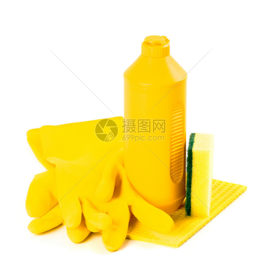 清洁用产品瓶子平底锅白色洁净黄色海绵消毒灰尘塑料洗涤图片