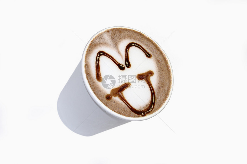 可可 咖啡艺术和白色孤立背景早餐杯子牛奶咖啡店微笑拿铁甜点泡沫巧克力饮料图片