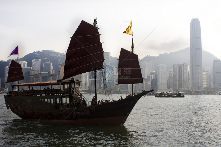 中国传统船在香港维多利亚港港上游客市中心城市地标天际垃圾港口运输中心水手图片