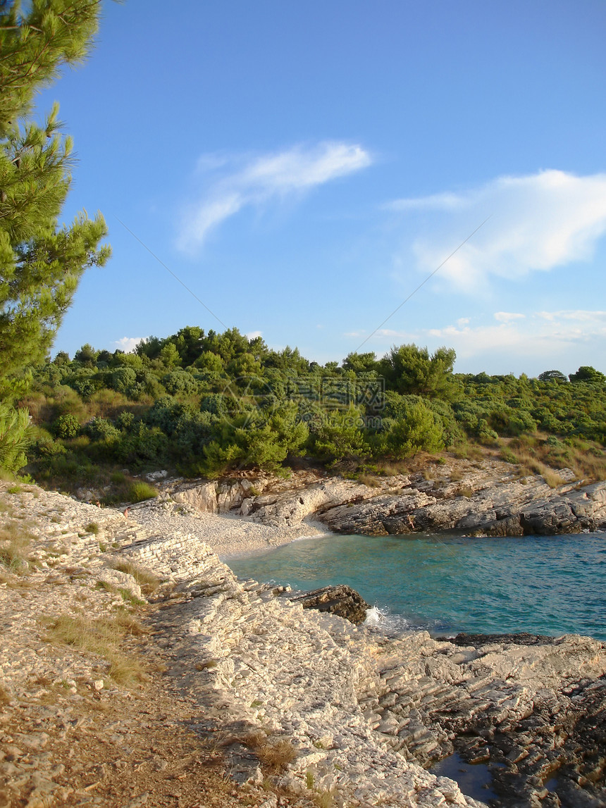 地中海沿岸日落假期海洋石头季节支撑天空松树海岸海浪图片