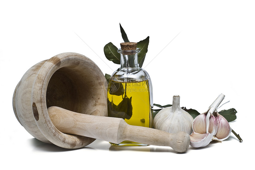地中海香料和橄榄油美食饮食静物食物叶子平底锅辣椒砂浆芳香磨床图片