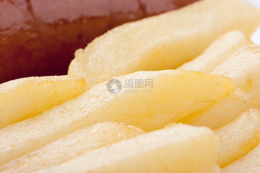 炸土豆油炸小吃装箱营养香肠食物黄色粉色图片