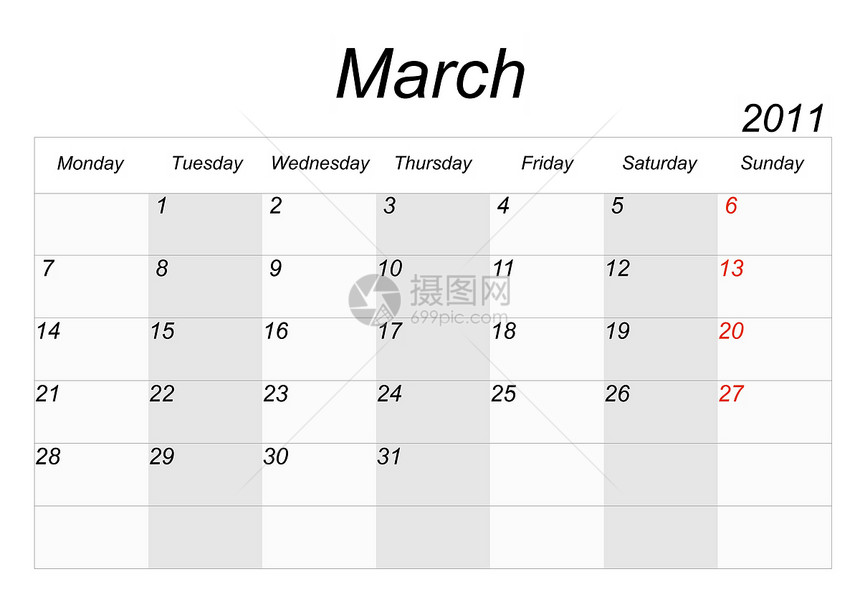 2011年日历 2011年3月数字时间商业文档空白日记年度图片