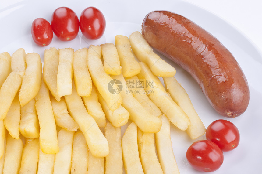 番茄煎土豆小吃盘子香肠油炸装箱黄色食物白色蔬菜红色图片