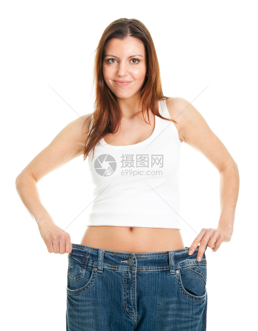 Slim 妇女拉着超尺寸牛仔裤女性成就衣服饮食身体腹部损失裤子腰部皮肤图片