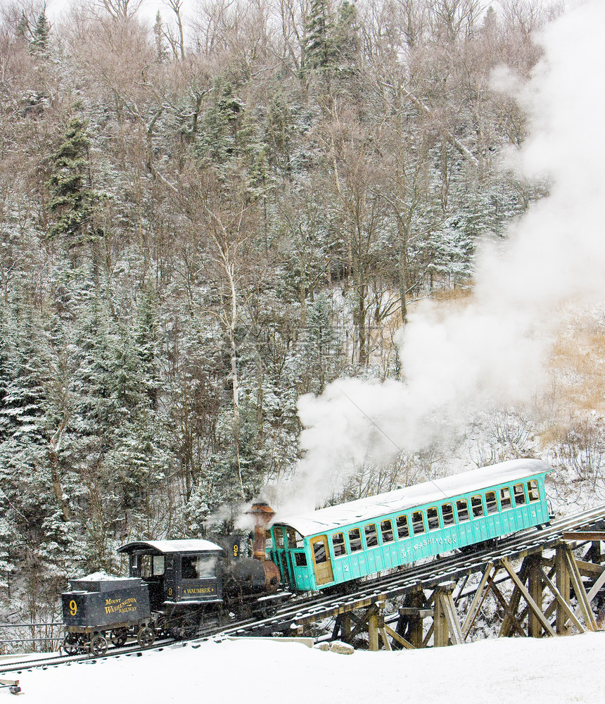 美国新罕布什尔州布雷顿森林 华盛顿高峰铁路交通工具山区旅行窄轨火车蒸汽桥梁机器铁路运输外观图片