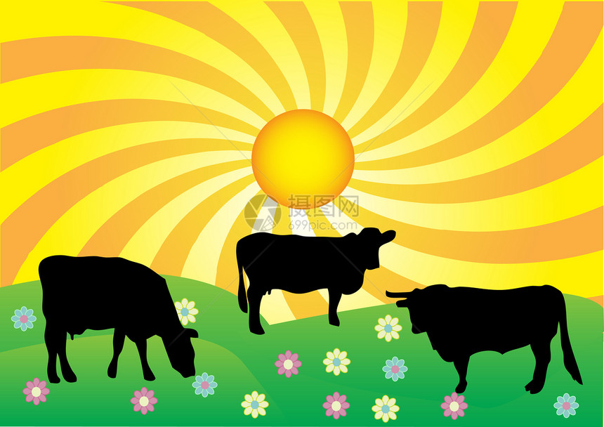 夏季风景场地奶牛土地草地山脉叶子村庄太阳天气绘画图片
