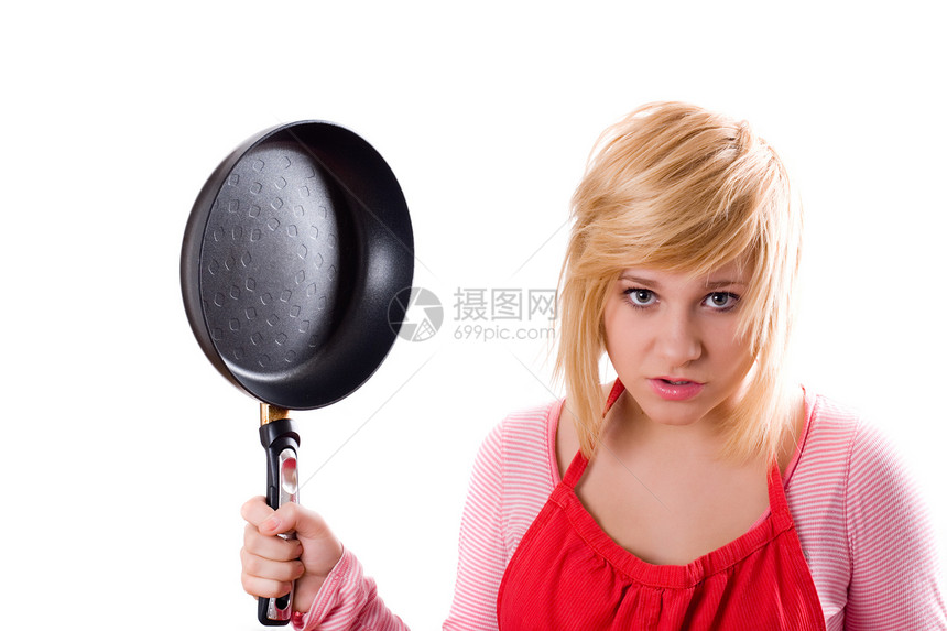 带锅子的家主妇家务金发平底锅帽子微笑家庭滚筒成人厨房红色图片