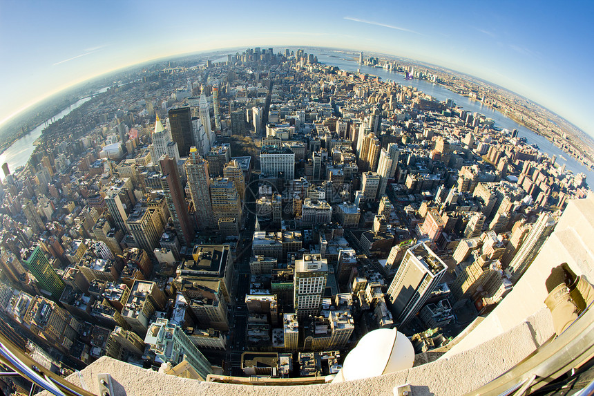 曼哈顿的风景 从帝国大厦 纽约市城市建筑物位置旅行鸟瞰图鱼眼建筑学世界建筑外观图片