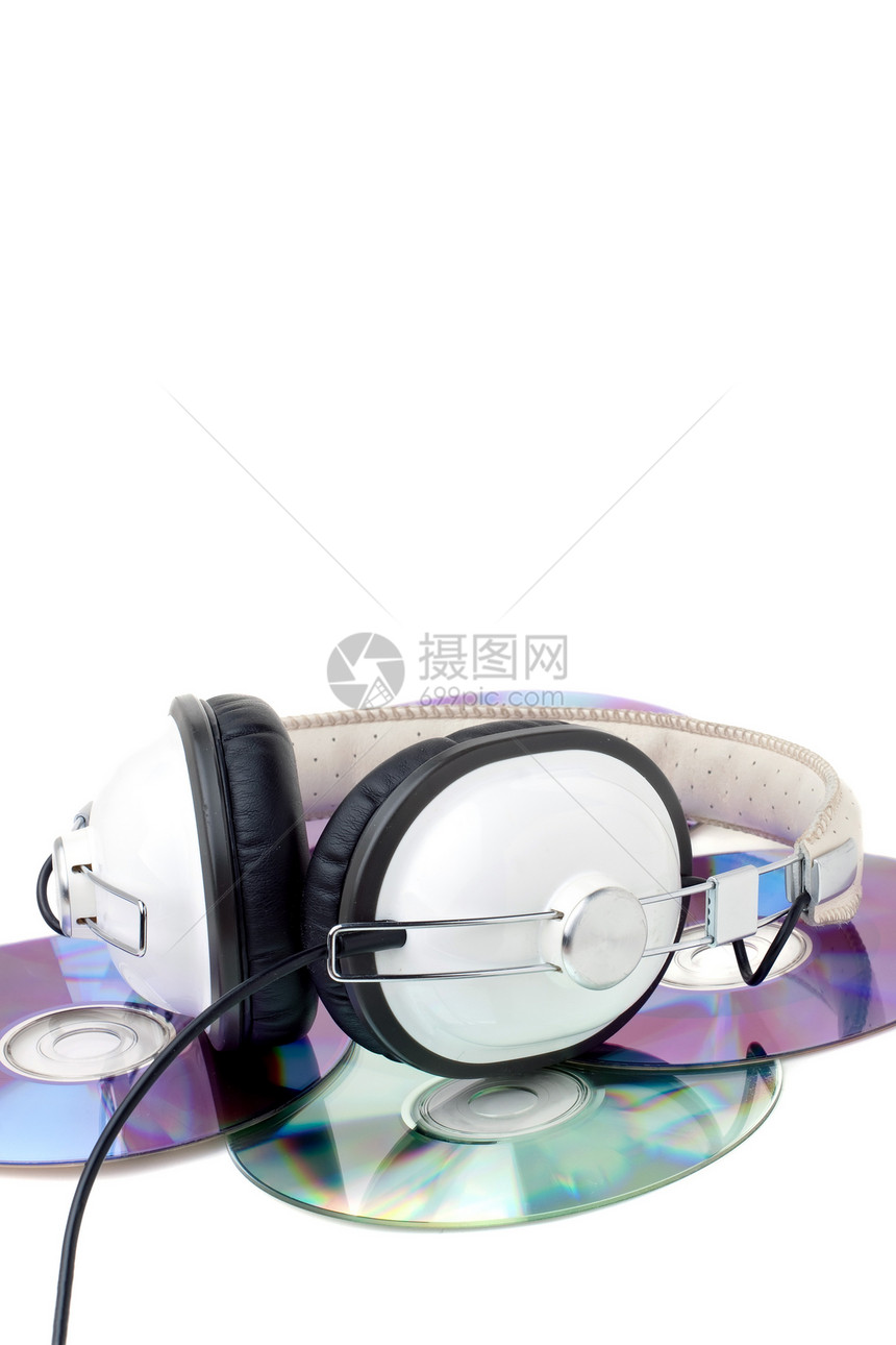 耳机和CD磁盘娱乐体积电缆白色电子产品袖珍工作室歌曲电话图片