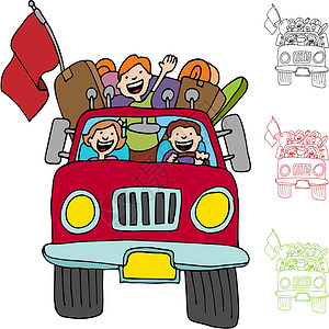 红色小夹子公路托运小卡车家庭插画