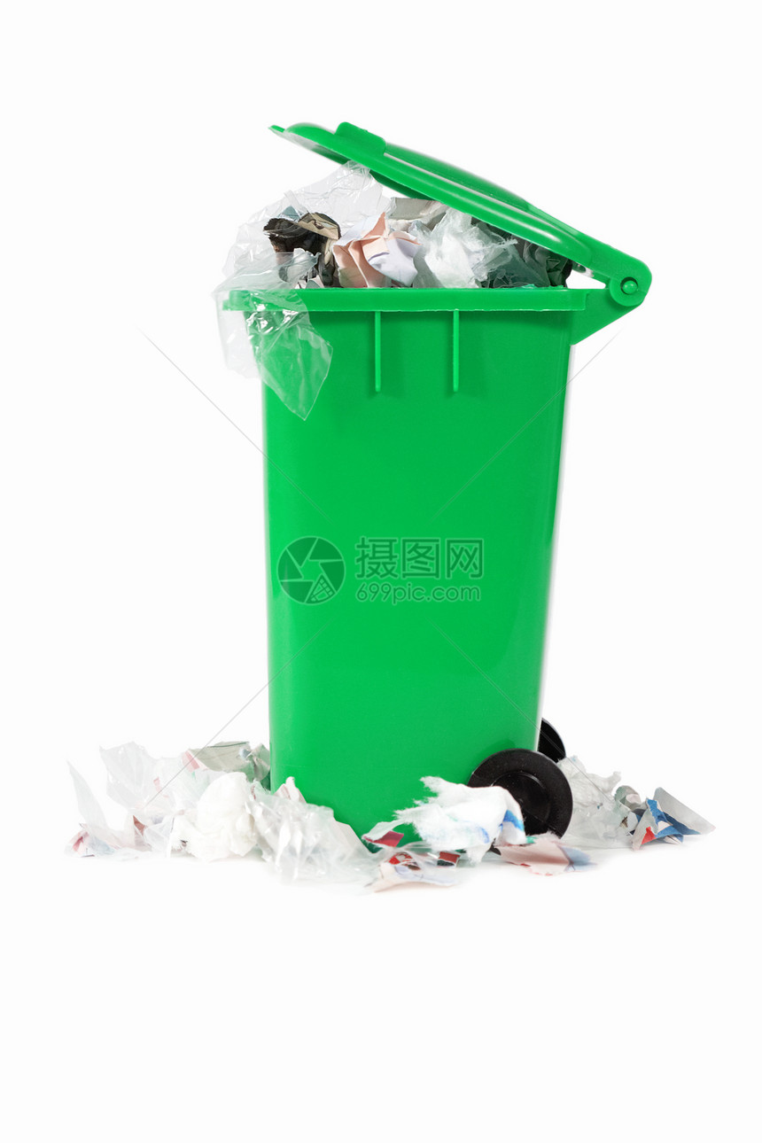 堆满垃圾箱回收轮子团体白色绿色存储命令浪费垃圾桶盒子图片