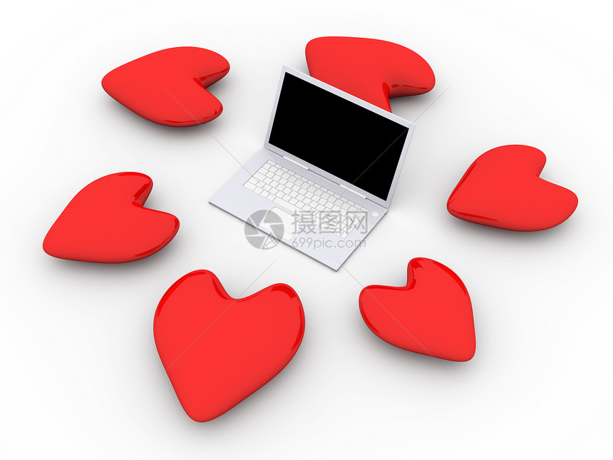 笔记本电脑在爱白色展示伙伴屏幕情感合伙约会晶体管互联网婚姻图片
