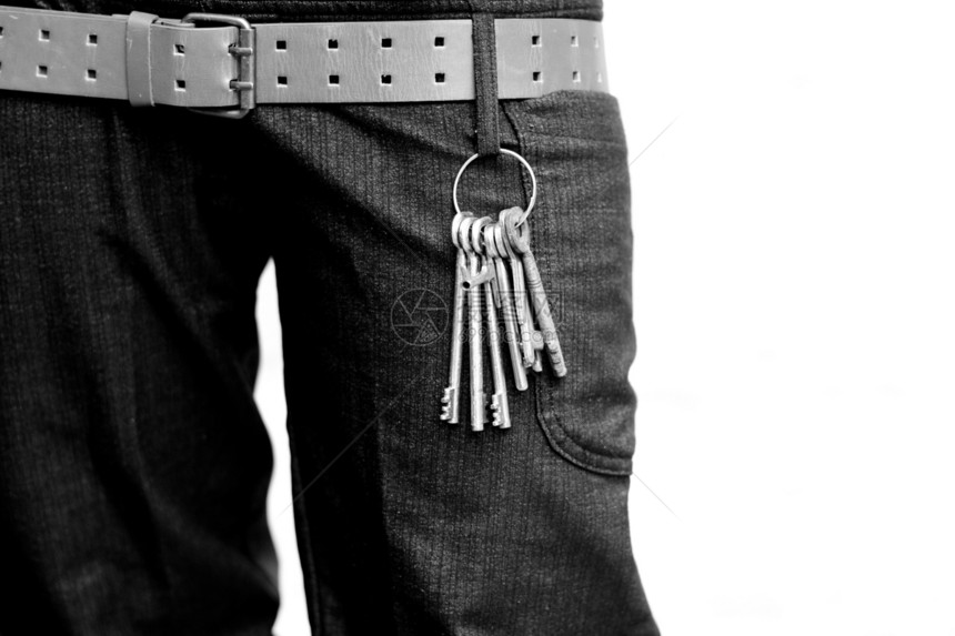 密钥键纺织品灰阶水平扣子裤子身体戒指环形皮革黑与白图片