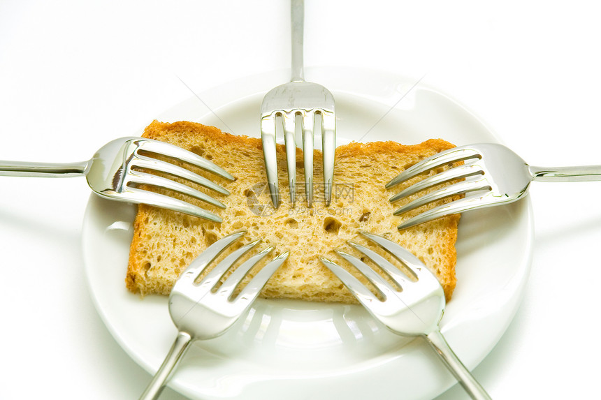叉子和面包午餐用餐饮食白色服务工作室烹饪盘子金属桌子图片