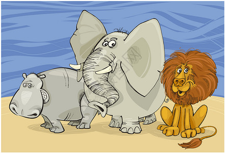 非洲动物獠牙漫画哺乳动物荒野卡通片动物学收藏绘画沙漠团体背景图片