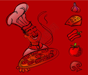 带披萨的厨师墙纸餐厅男人工作服务绘画美食卡通片食物蔬菜背景图片