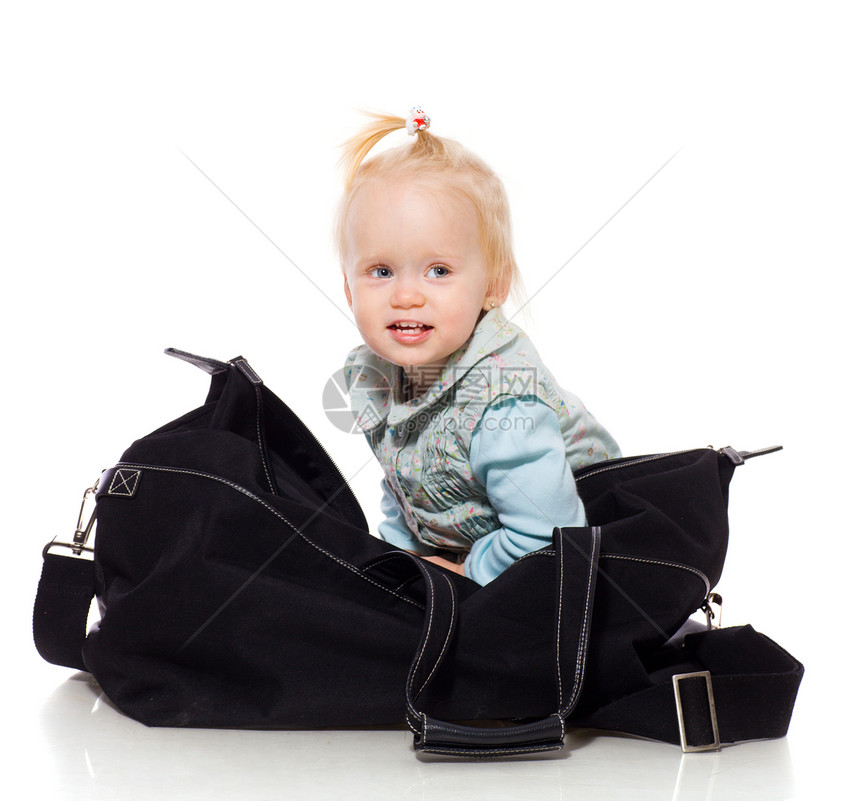 软件包包儿童行李喜悦幸福女孩金发童年快乐乐趣白色图片