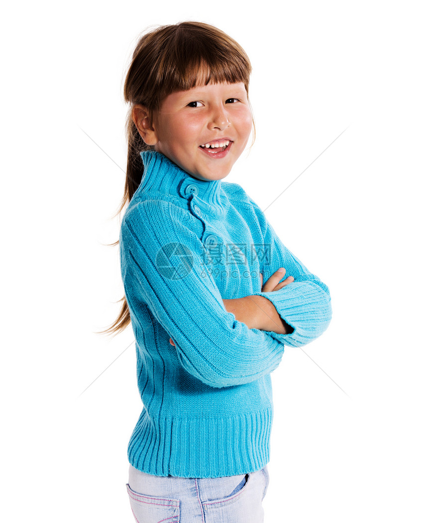 快乐的笑笑女孩毛衣孩子乐趣福利快乐喜悦蓝色活力童年幸福图片