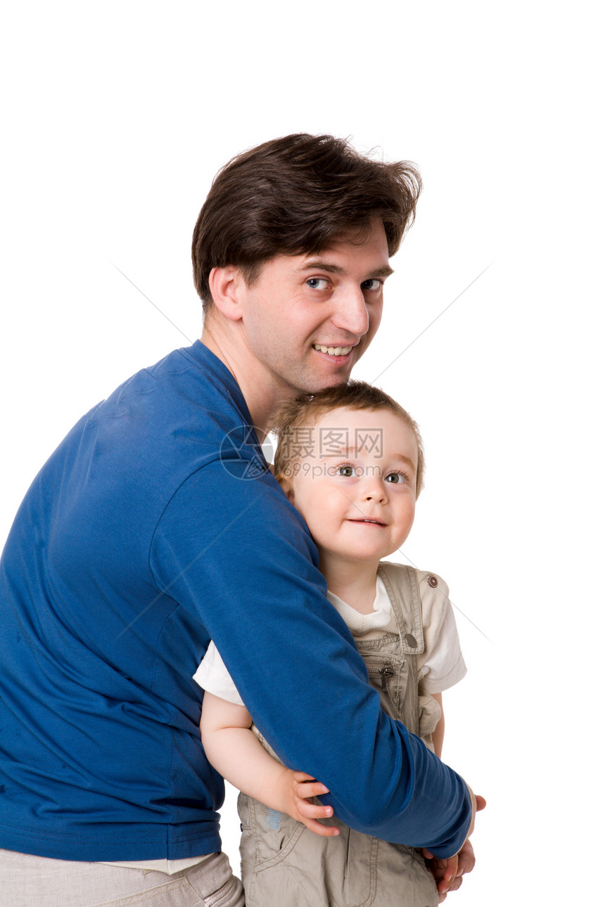 快乐的爸爸白色亲热享受蓝色微笑工作室金发家庭婴儿压痛图片