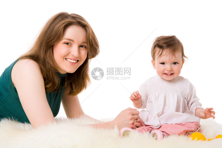 母亲与女儿金发压痛家庭快乐白色婴儿儿童微笑享受工作室图片