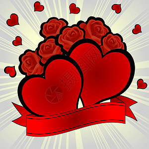 红心和玫瑰庆典横幅装饰插图风格情人卡片艺术红色背景图片