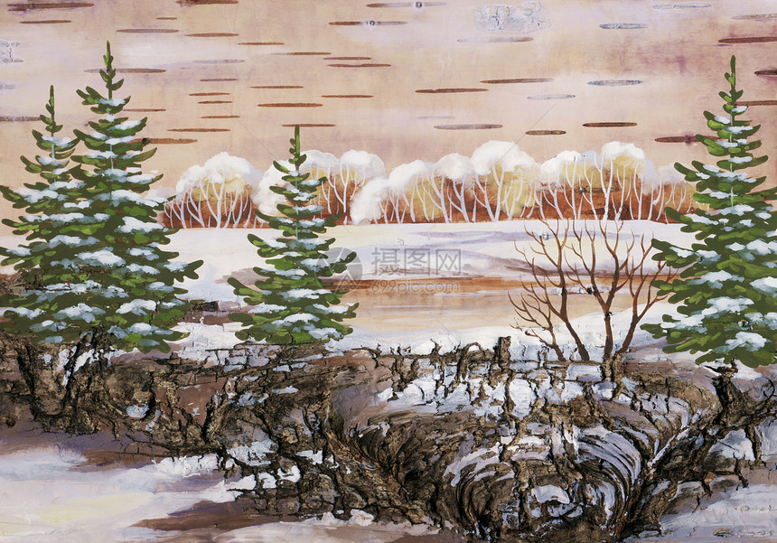 冬季风景空地天气水库手工艺术绘画森林季节桦木公园图片