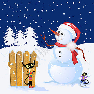 冬季背景下雪帽子老鼠插图蓝色喜悦艺术白色背景图片
