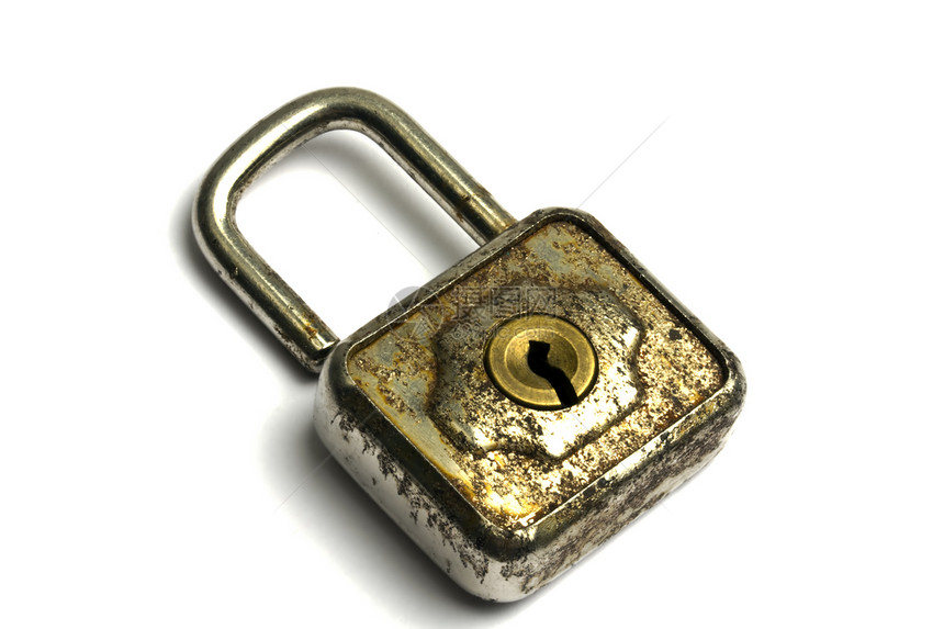 旧挂锁金属棕色秘密钥匙腐蚀古董白色安全图片