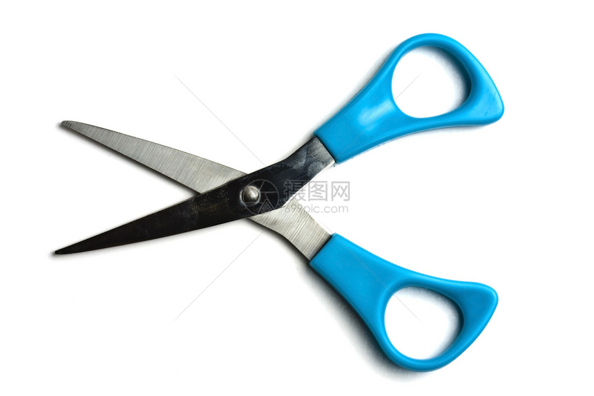 蓝色剪刀 白上隔离的蓝剪刀剪子白色办公室塑料金属工具缝纫补给品家庭夹子图片