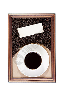 木制框底座卡片棕色粮食咖啡杯框架黑色液体木质背景图片
