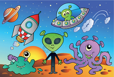 可爱外星人飞碟各种外星人和空间漫画插画
