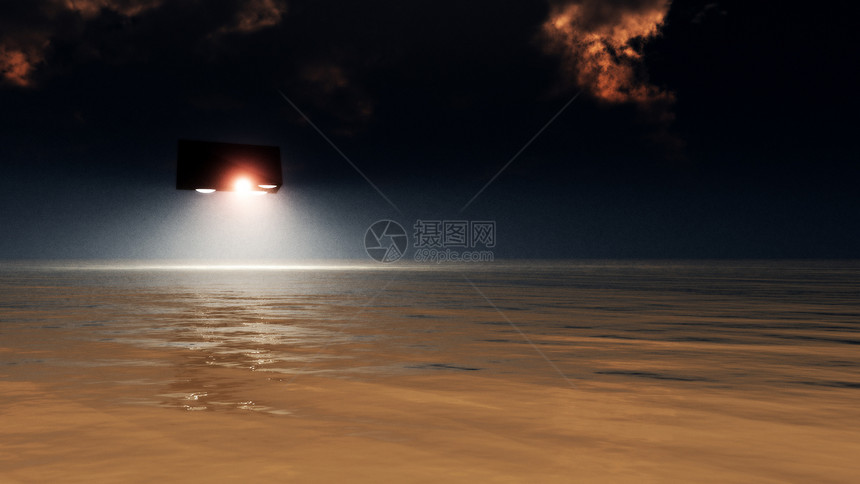 UFO 飞越海面海浪海景日出波浪太阳飞行光束飞碟环境骗局图片