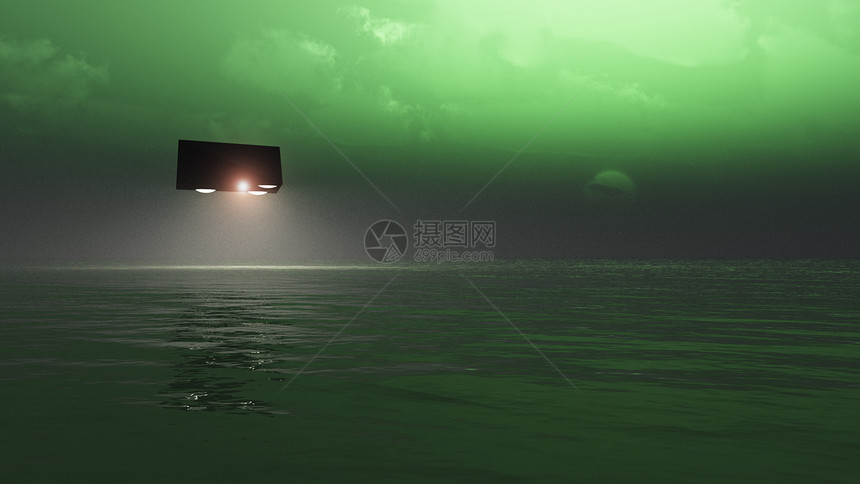 UFO 飞越海面旅行飞碟日落运输太阳波浪车辆光束骗局海浪图片