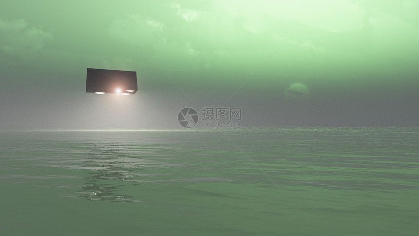 UFO 飞越海面太阳航空骗局激光天空航班车辆光束日出地平线图片