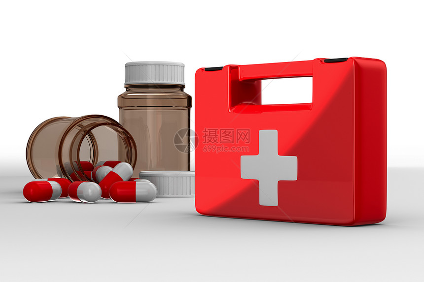 白色背景的急救包 孤立的 3D 图像药剂插图医疗胶囊贮存案件工具成套治愈药店图片