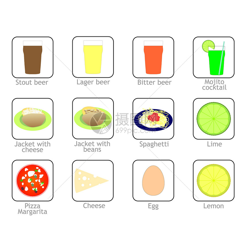 食品和饮料图标土豆啤酒玻璃面条夹克柠檬水果薄荷插图豆子图片